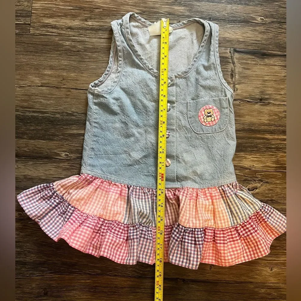 Vintage Bonnie Jean Sport Girls Denim & Tartan Plaid Tiered Hem SleevelessDress